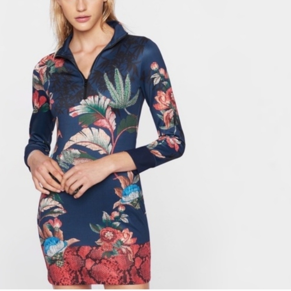Pam & Gela Bye Birdie Track Dress Medium  Neoprene Long Sleeves Tropical Print